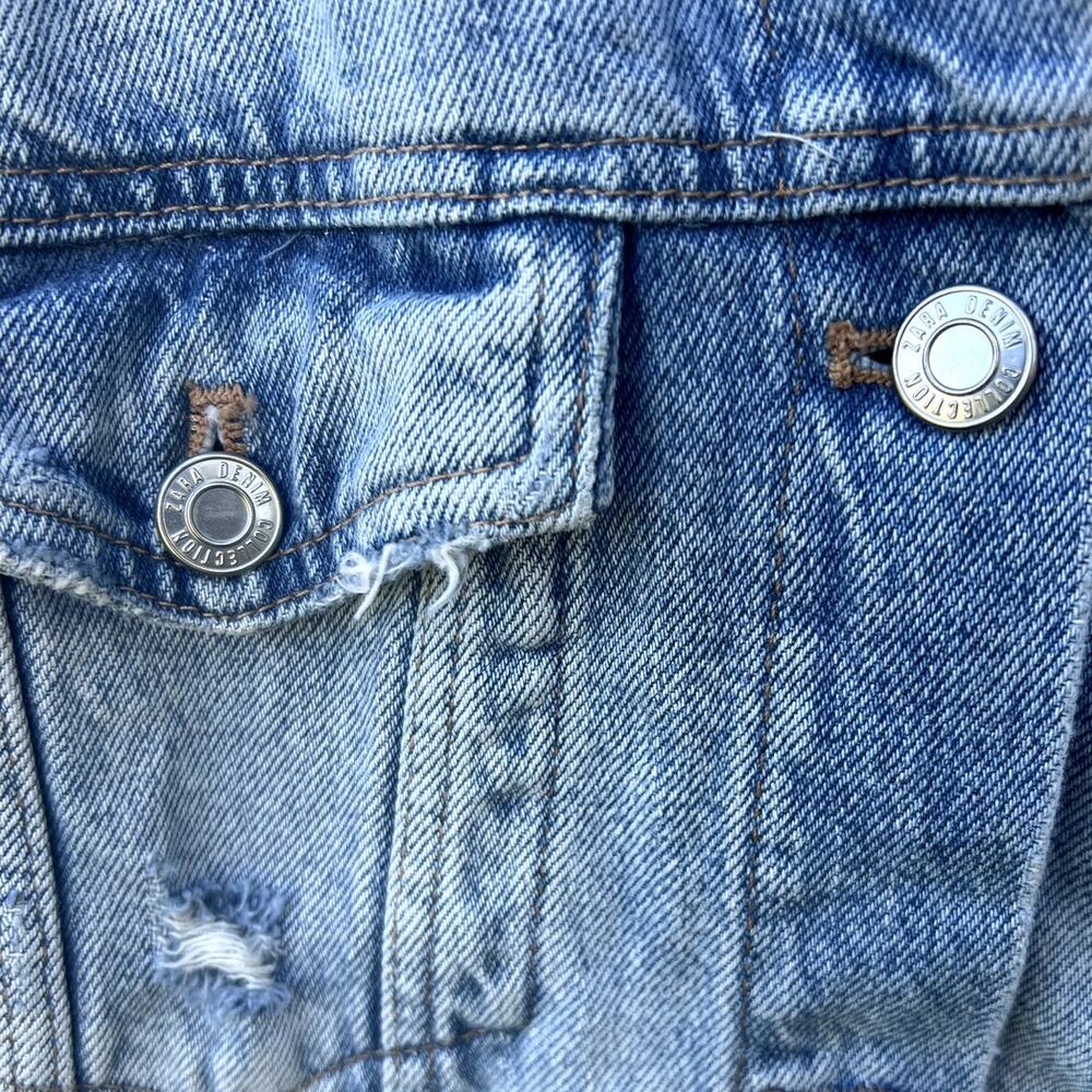 Kids Zara Denim Jacket Light Wash Distressed Button Front Size 10 - Picture 5 of 6
